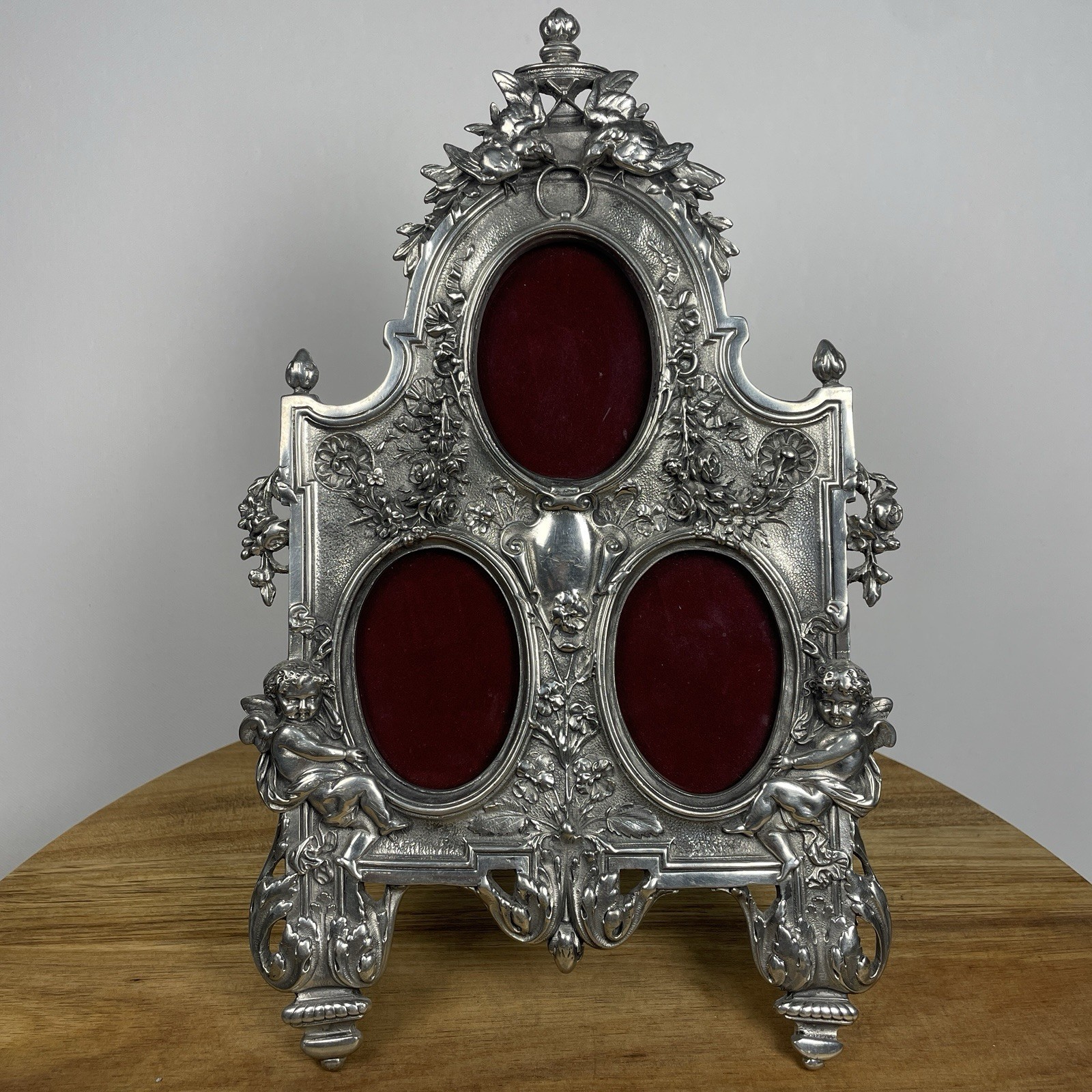 RARE Vintage Elias Fine Pewter 925 Silver Cherub Triple Oval Picture Frame #1790
