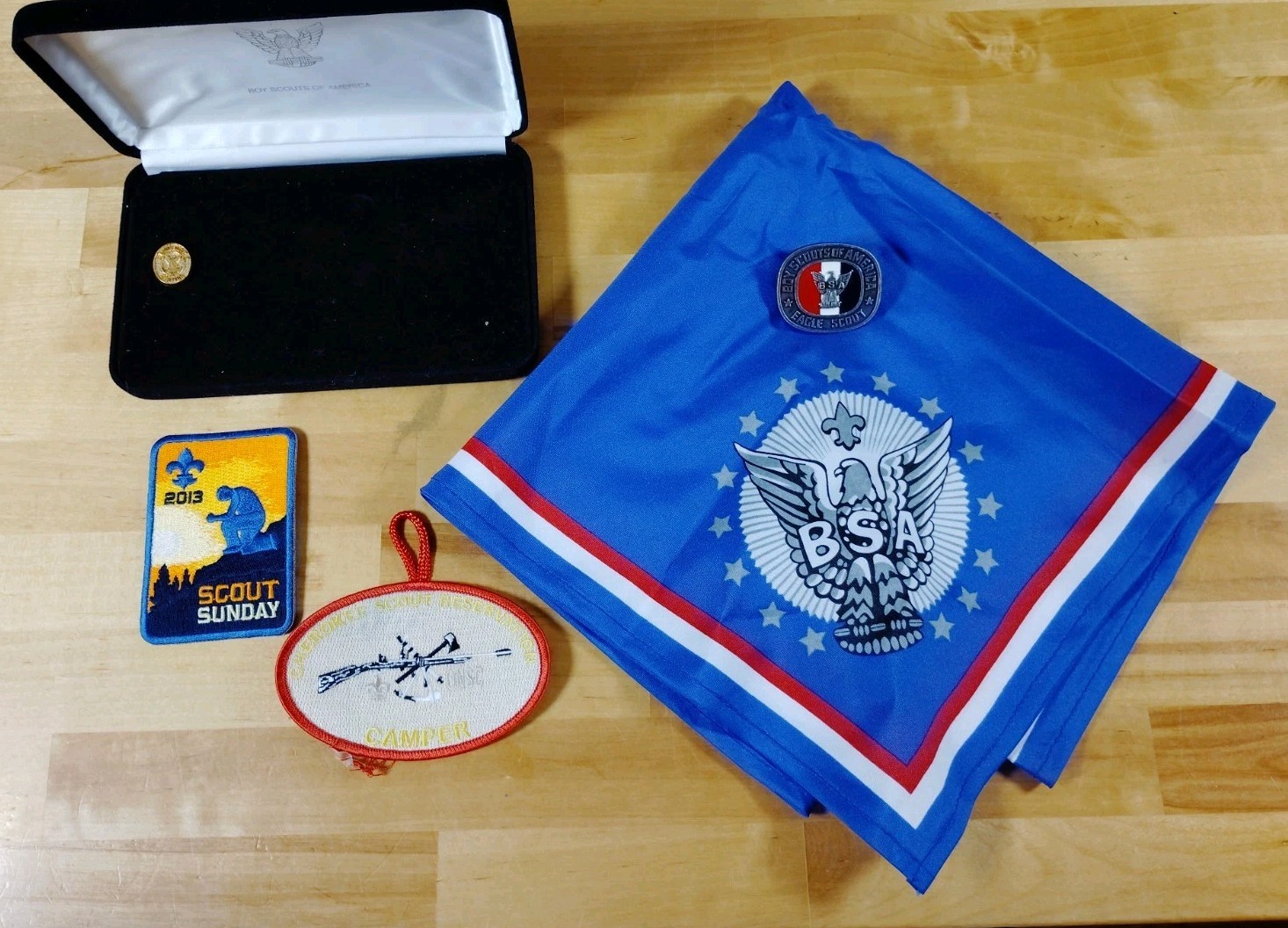 Boy Scouts of America BSA Eagle Scout Lot: Mentor Pin in Box, Neckerchief