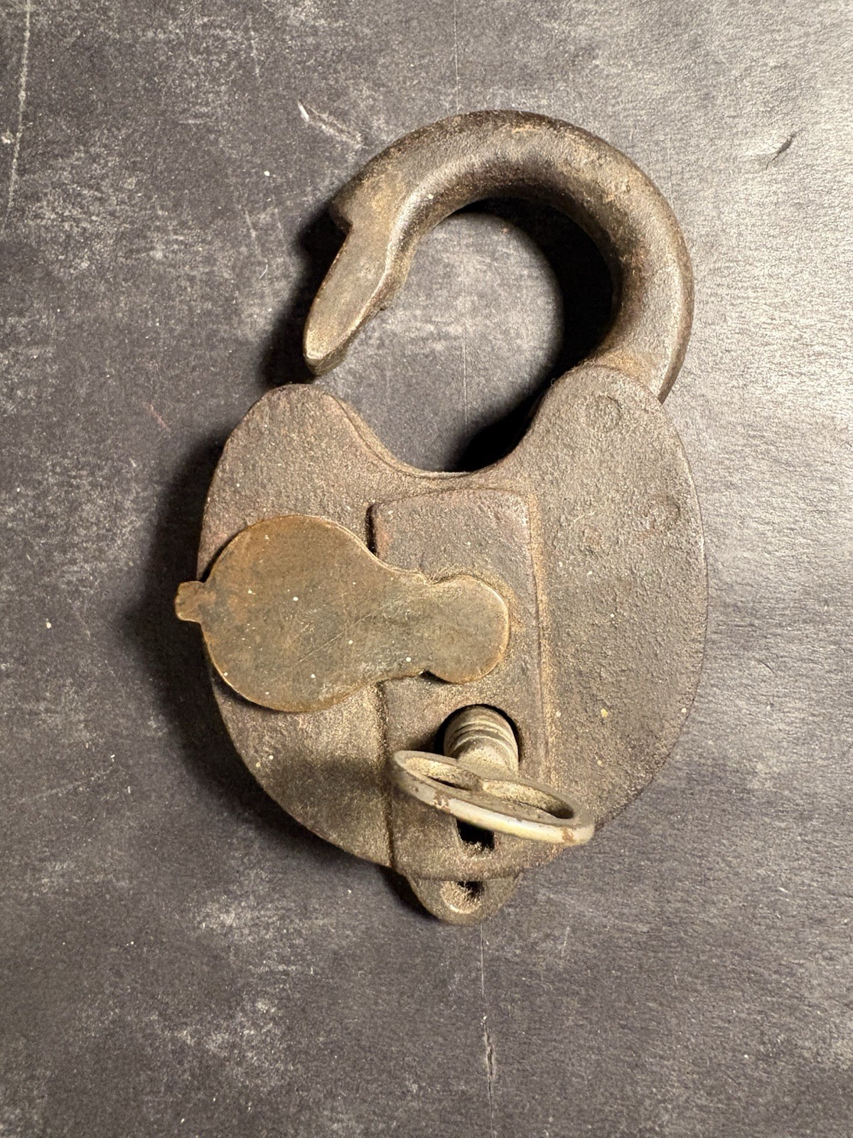 Antique BIG Cast metal Brass Padlock Heartshaped Key Works