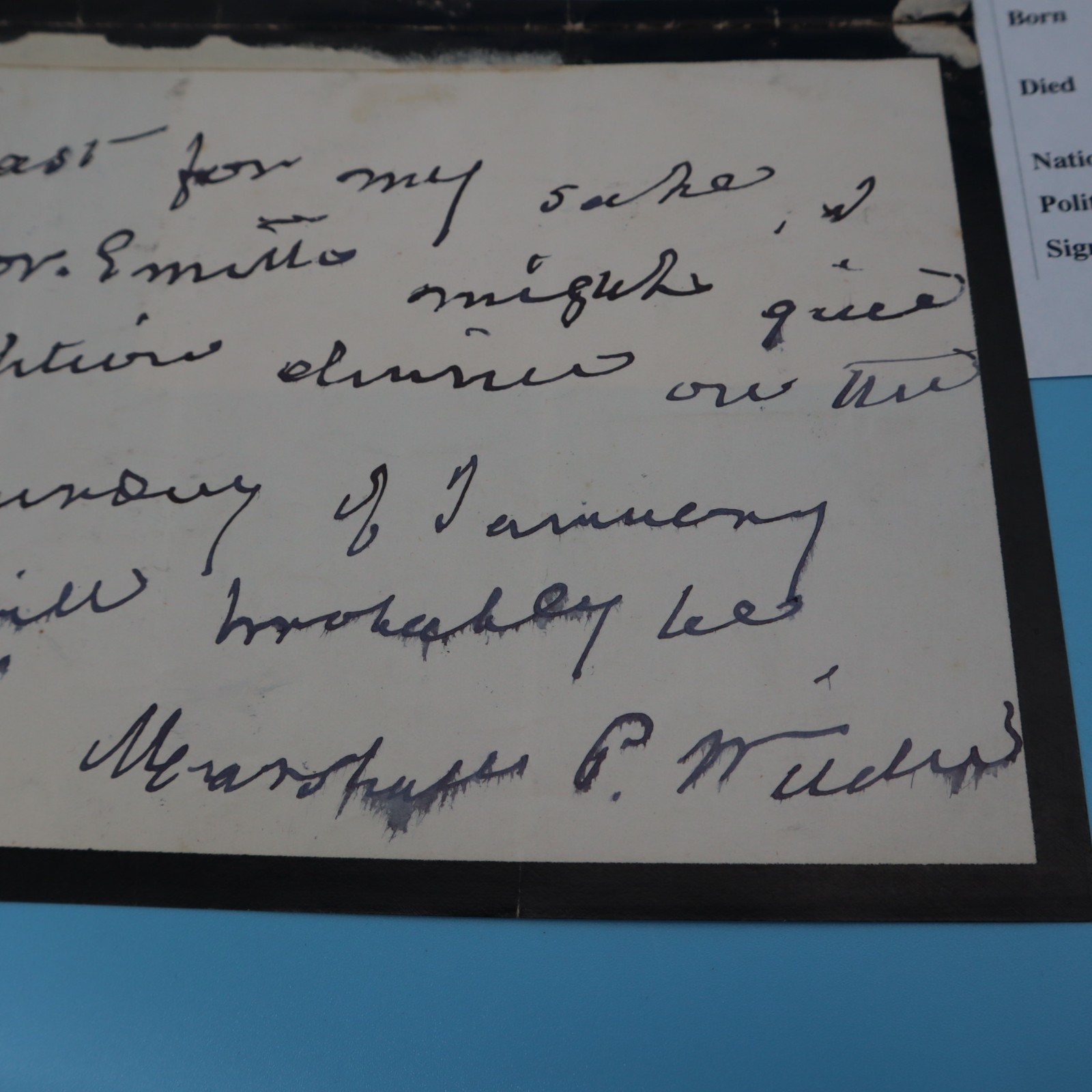 MARSHALL PINCKNEY WILDER (POLITICIAN) 1798-1886 HAND WRITTEN NOTE SIGNED 1885