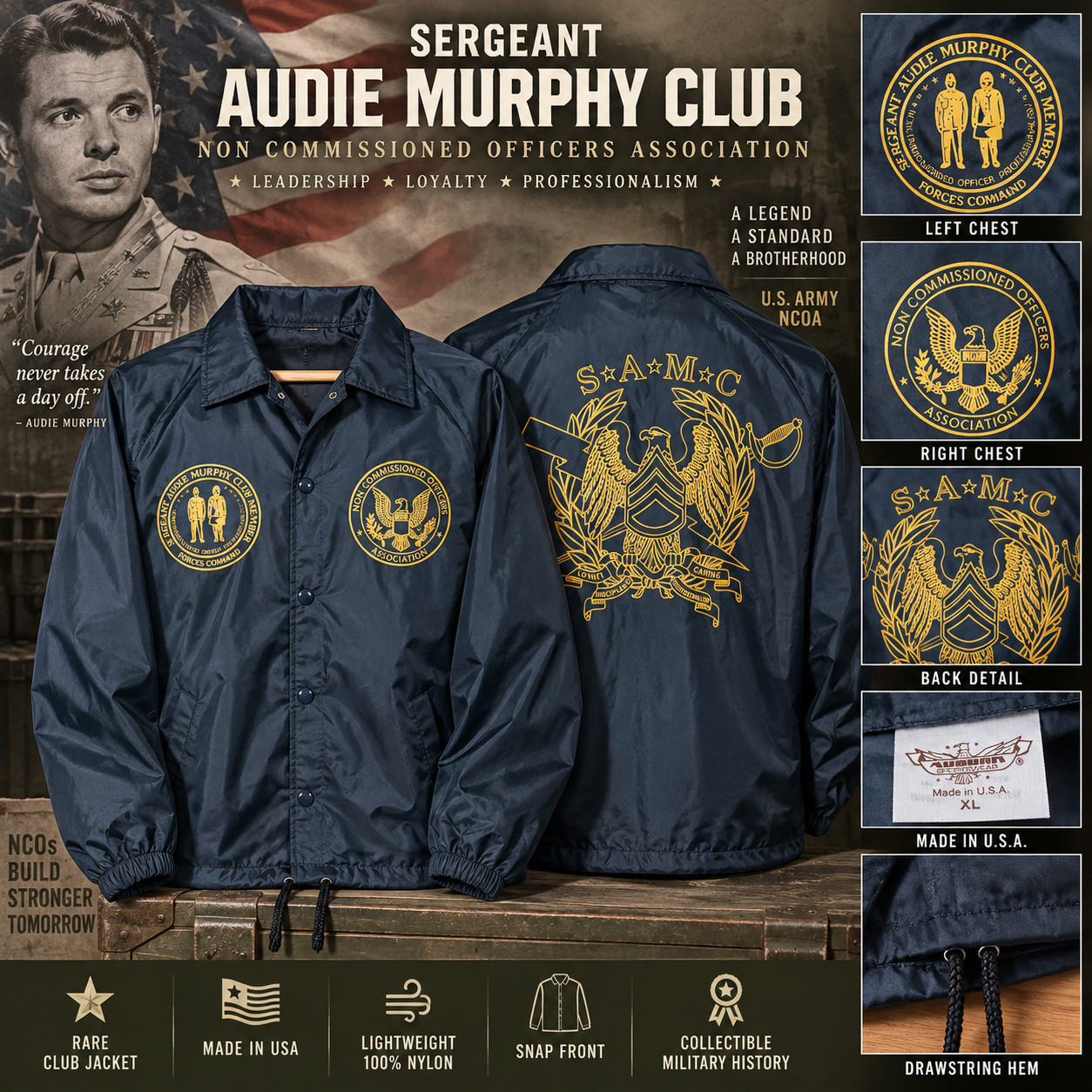 Sergeant Audie Murphy Club NCOA Jacket Auburn Sportswear USA XL Rare SAMC