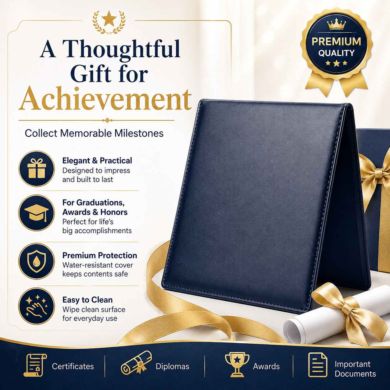 A4 Certificate Display Album, Professional PU Leather Portfolio for Achievements