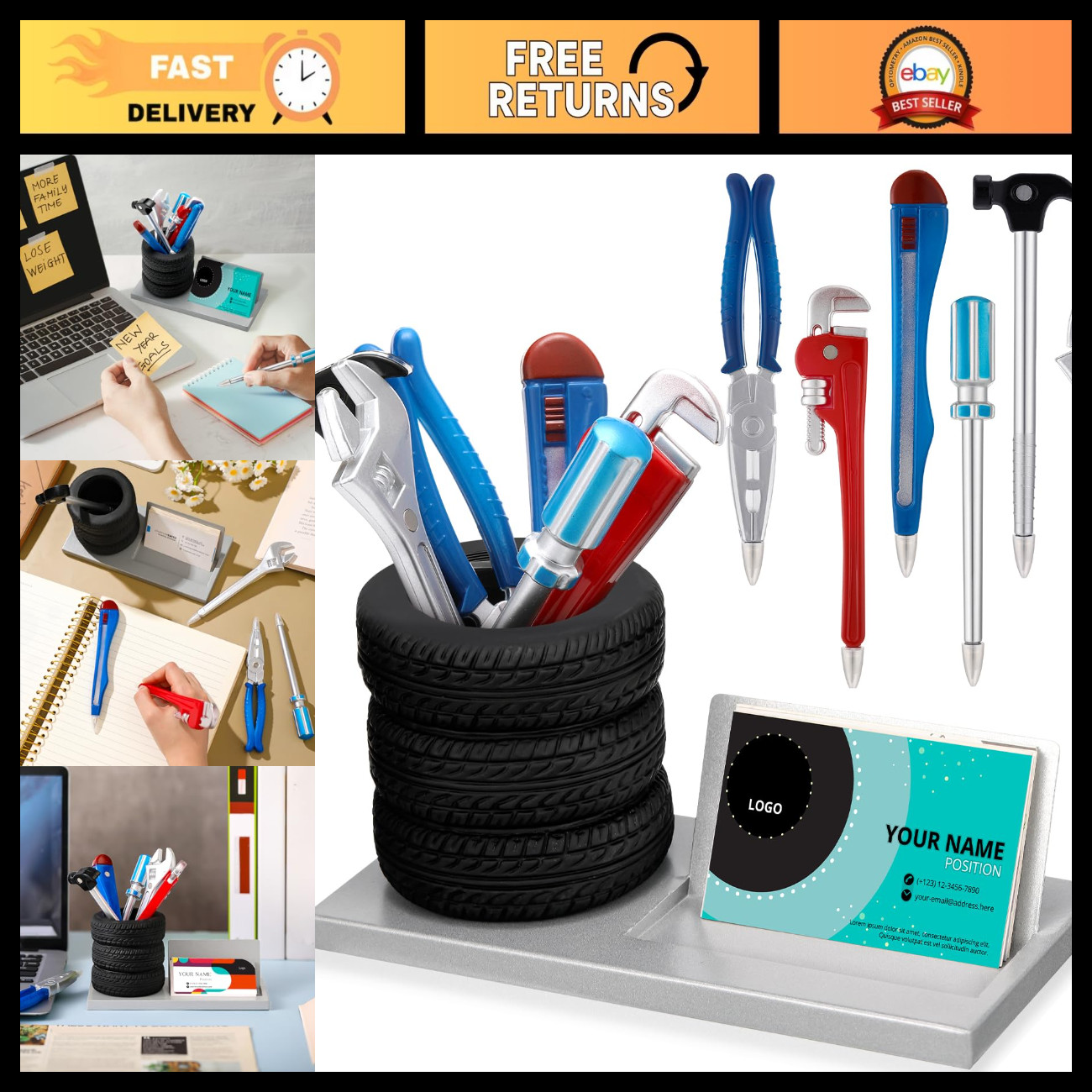 7 Pcs Tire Pen Holder Set - Unique Tire Shape Gift for Men, Metal, Black & Silve