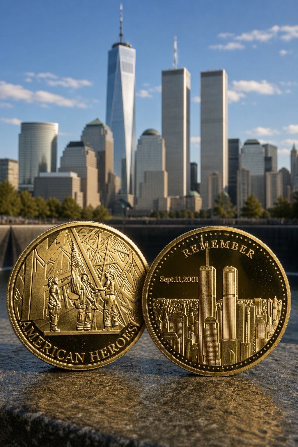 9/11 Twin Towers Before & After Challenge Coin.(NEL1273).