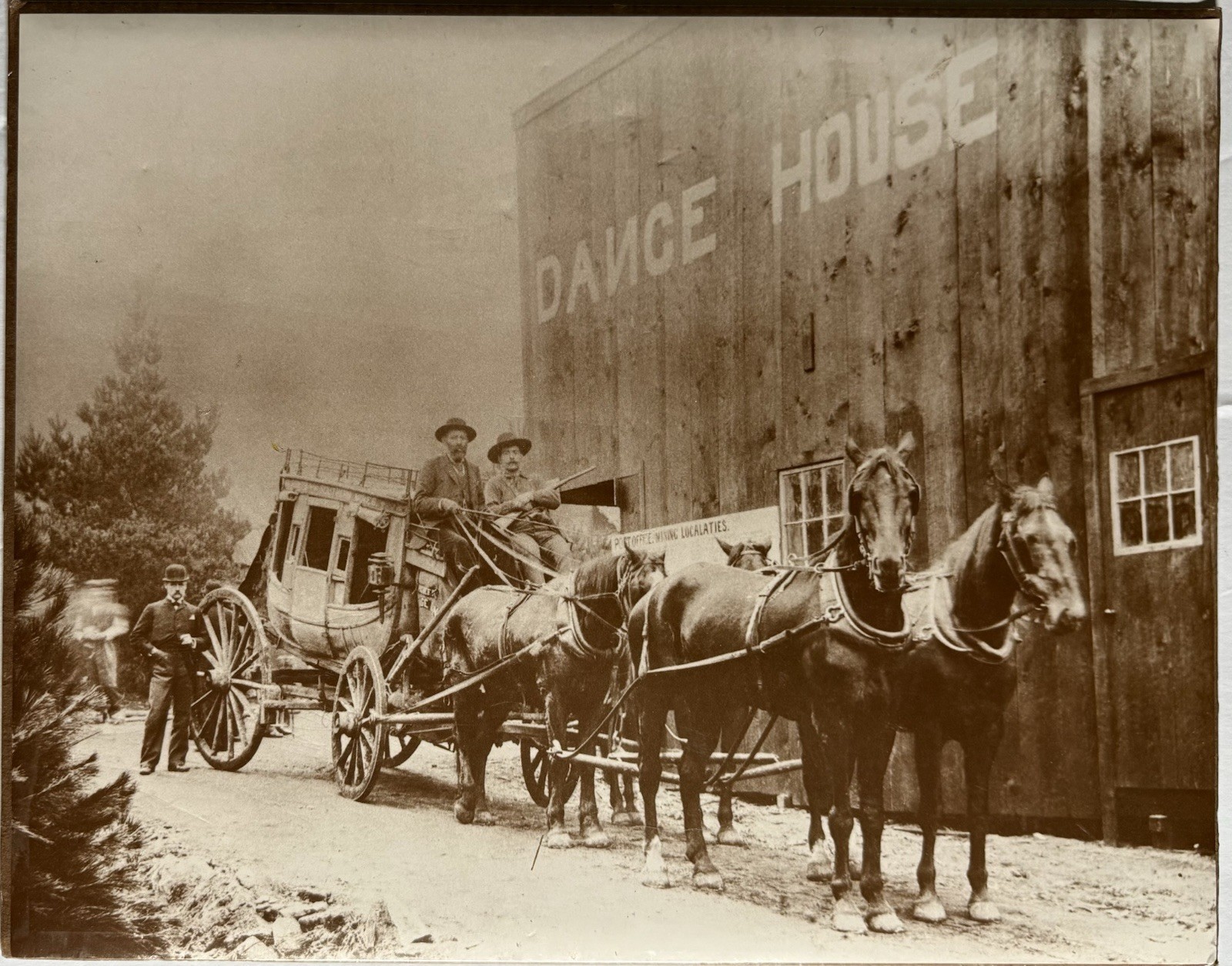 Vintage 1894 Press Photo Print, Men riding a stagecoach Near Dance House ￼