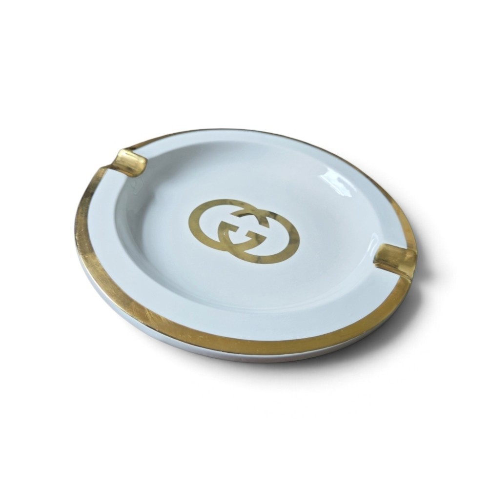 GUCCI GG Logo Monogram Gold Cigarette Ashtray Trinket Dish Porcelain Tray 