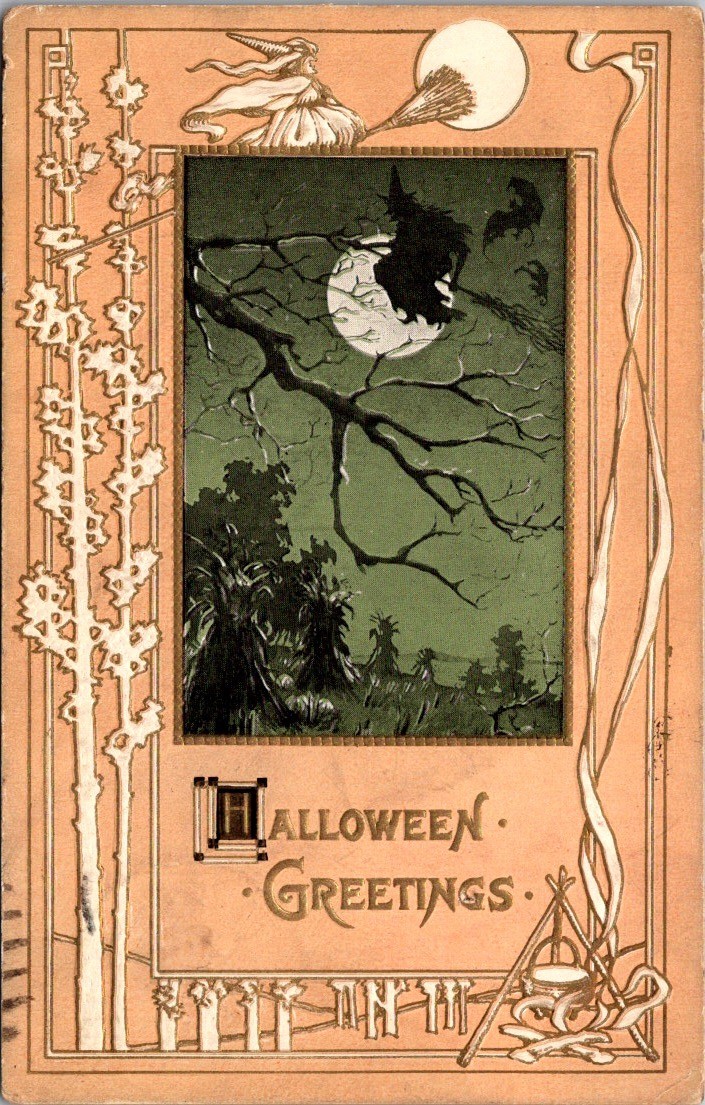 Antique Halloween Postcard Witch Broomstick Full Moon TRC T Rose Co c1910s
