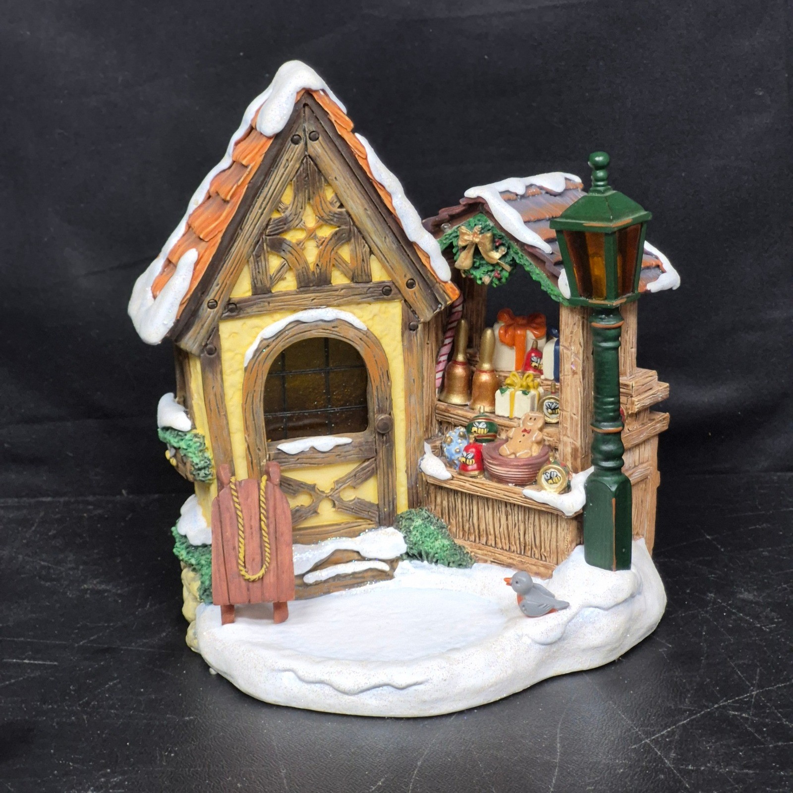 Goebel Bavarian Christmas Market Musical Figurine Village Scene Snow Sled Lamp