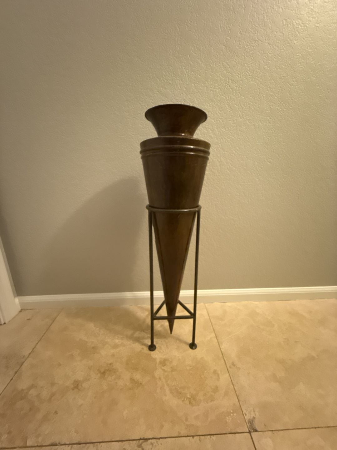 27 Inch Hand Hammered Copper Cone Industrial Floor Vase with Iron Stand