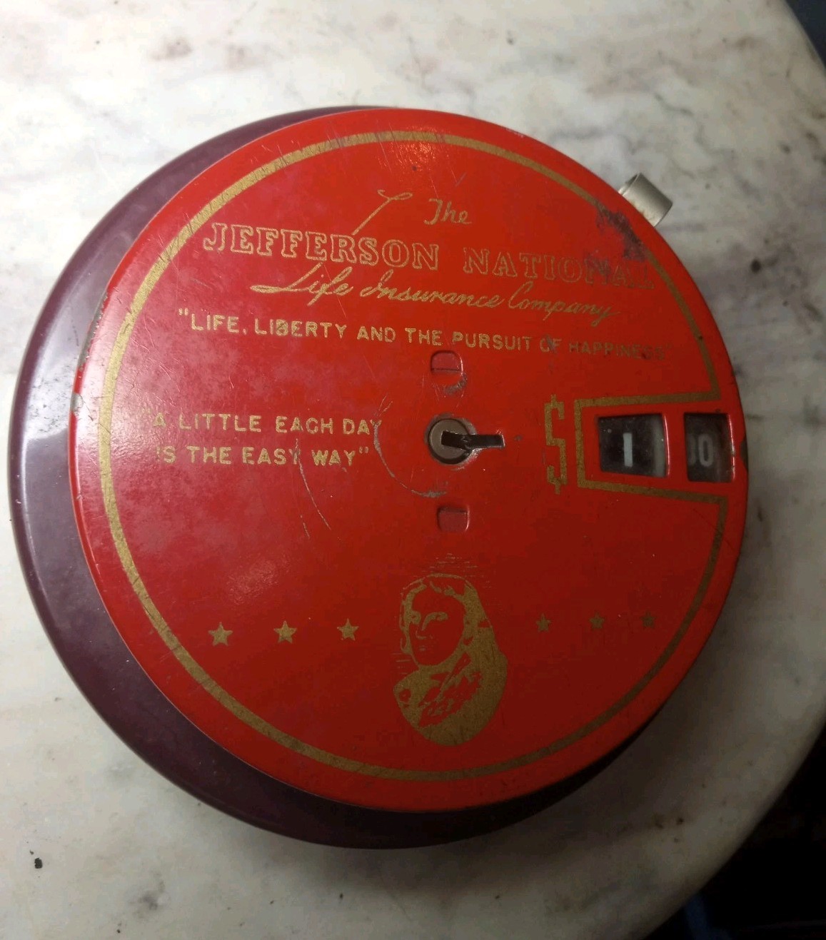 VINTAGE JEFFERSON National Life Insurance Company PENNY BANK,ANTIQUE,TIN