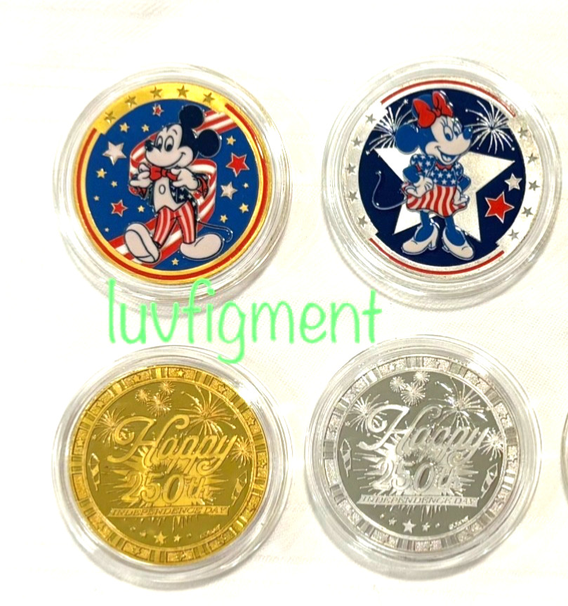 Disney 2 Colored Medallion Coins Happy 250th Mickey Minnie Independence Day 2026
