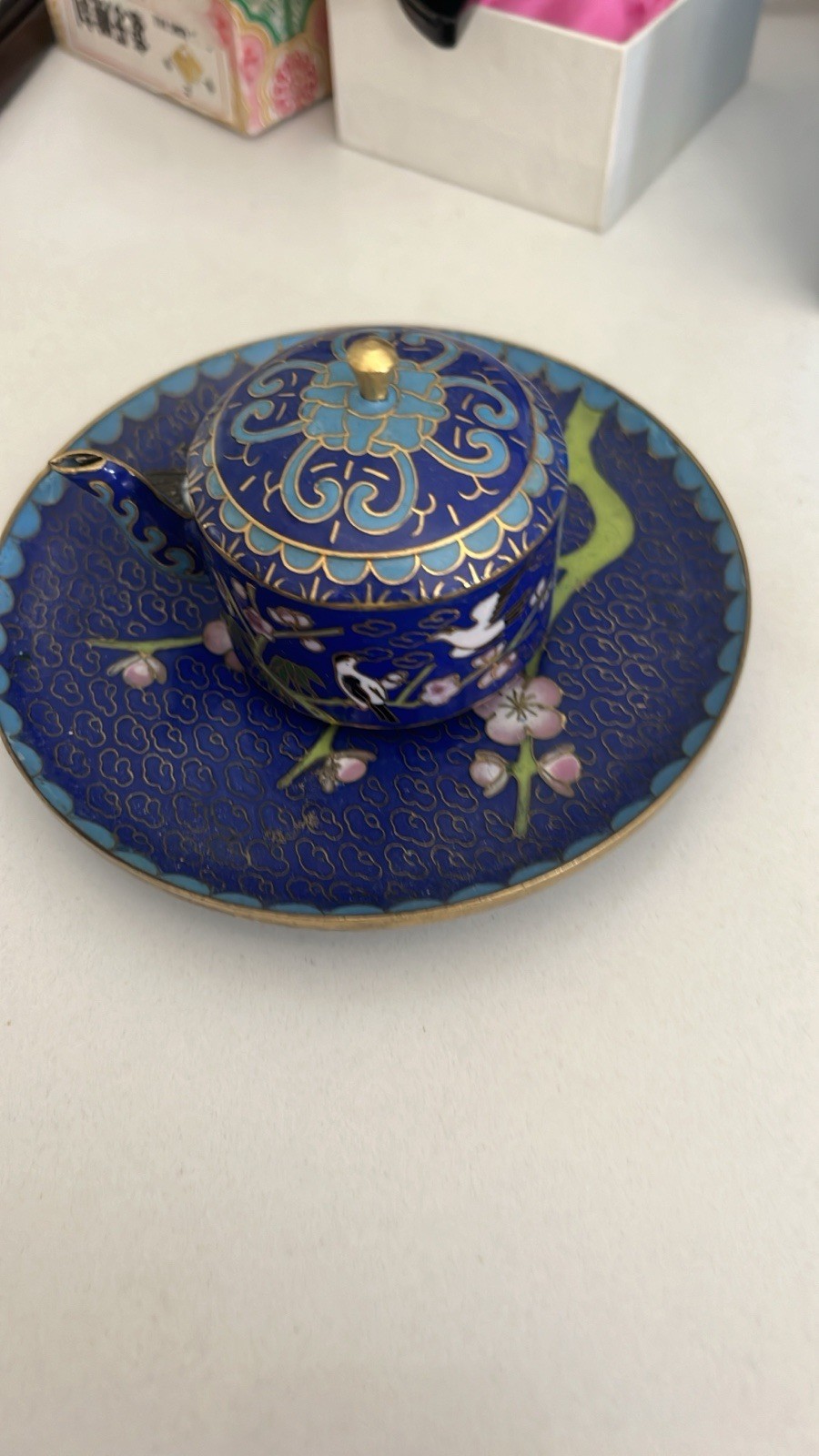 Blue Cloisonne-Style Lidded Tea Cup/Creamer w Spout & Saucer Floral