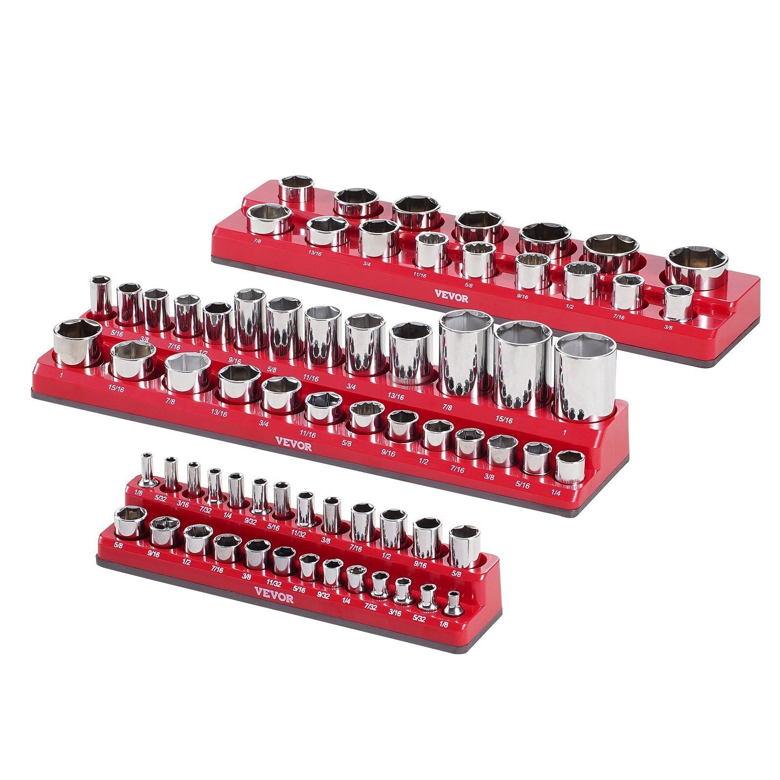Magnetic Socket Organizer Set 3PCS Magnetic Socket Trays Red for SAE