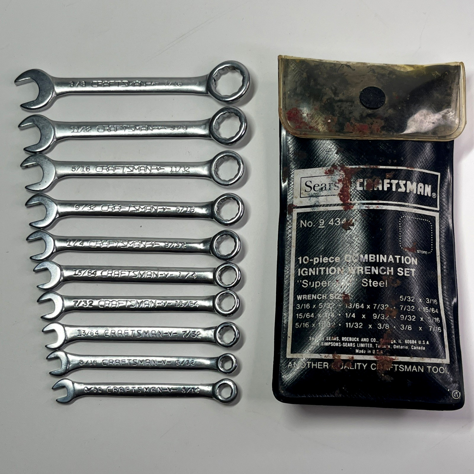 Vintage 10-PC Sears Craftsman Combination Ignition Wrench Set 9-43441 V-Series