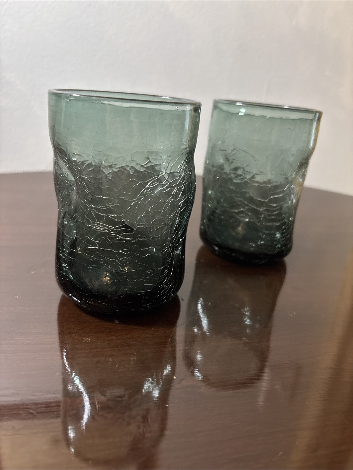 2- vintage Bischoff Glass tumblers - crackle pinched hand blown green 