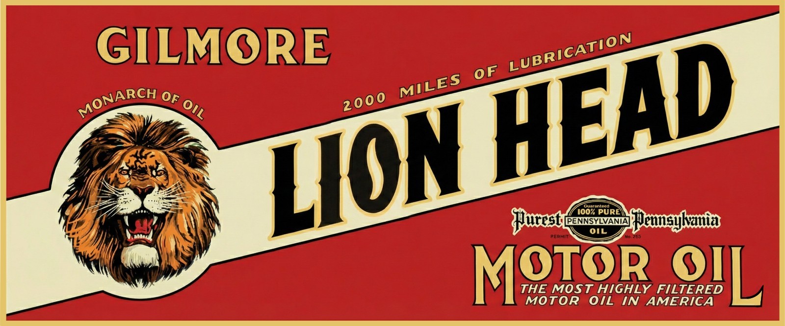 Vintage Gilmore Lion Head Motor Oil banner for Man cave, garage art