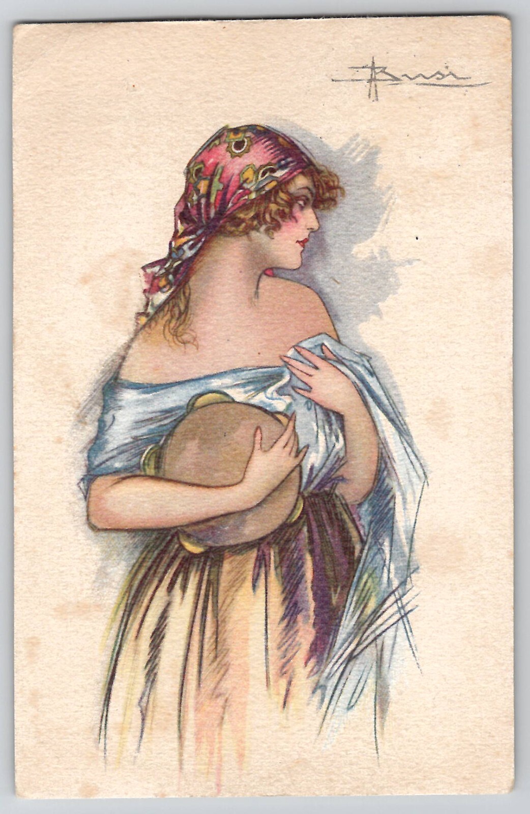 Bohemian Pretty Lady Woman Tambourine Adolfo Busi 497-3 Art Deco Postcard 1920\'s