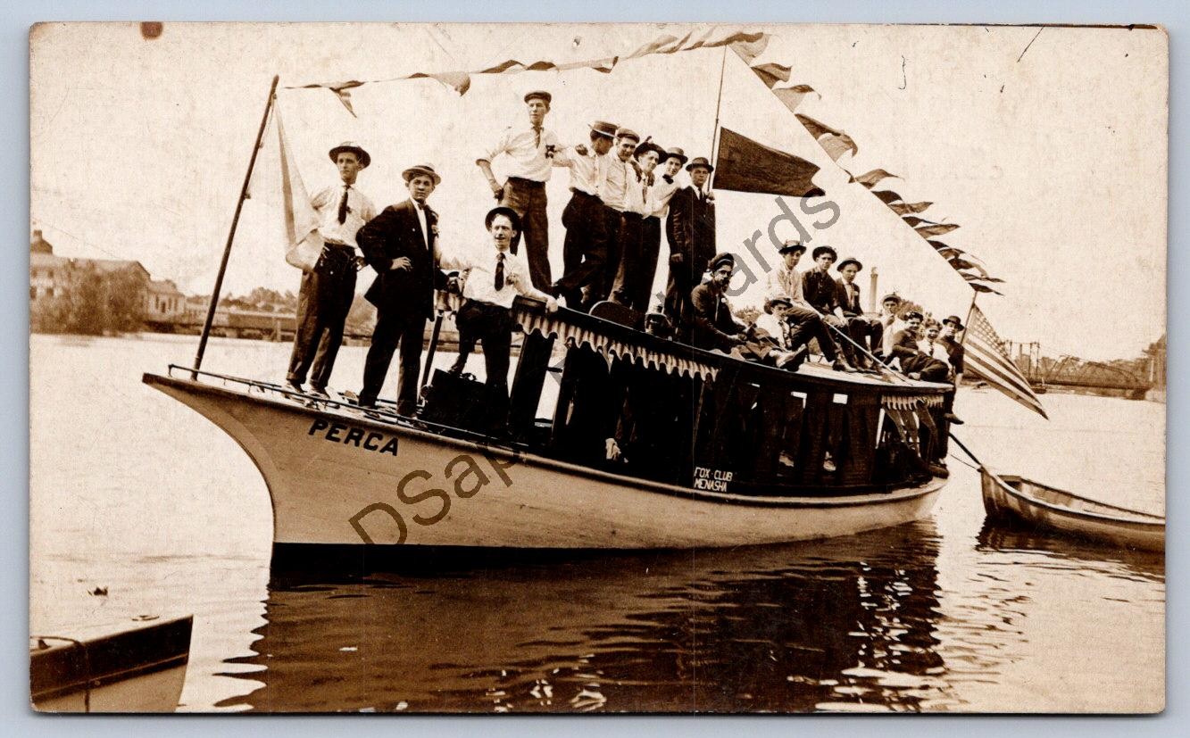 K67/ Menasha Wisconsin RPPC Postcard c1910 Fox Club Boat 