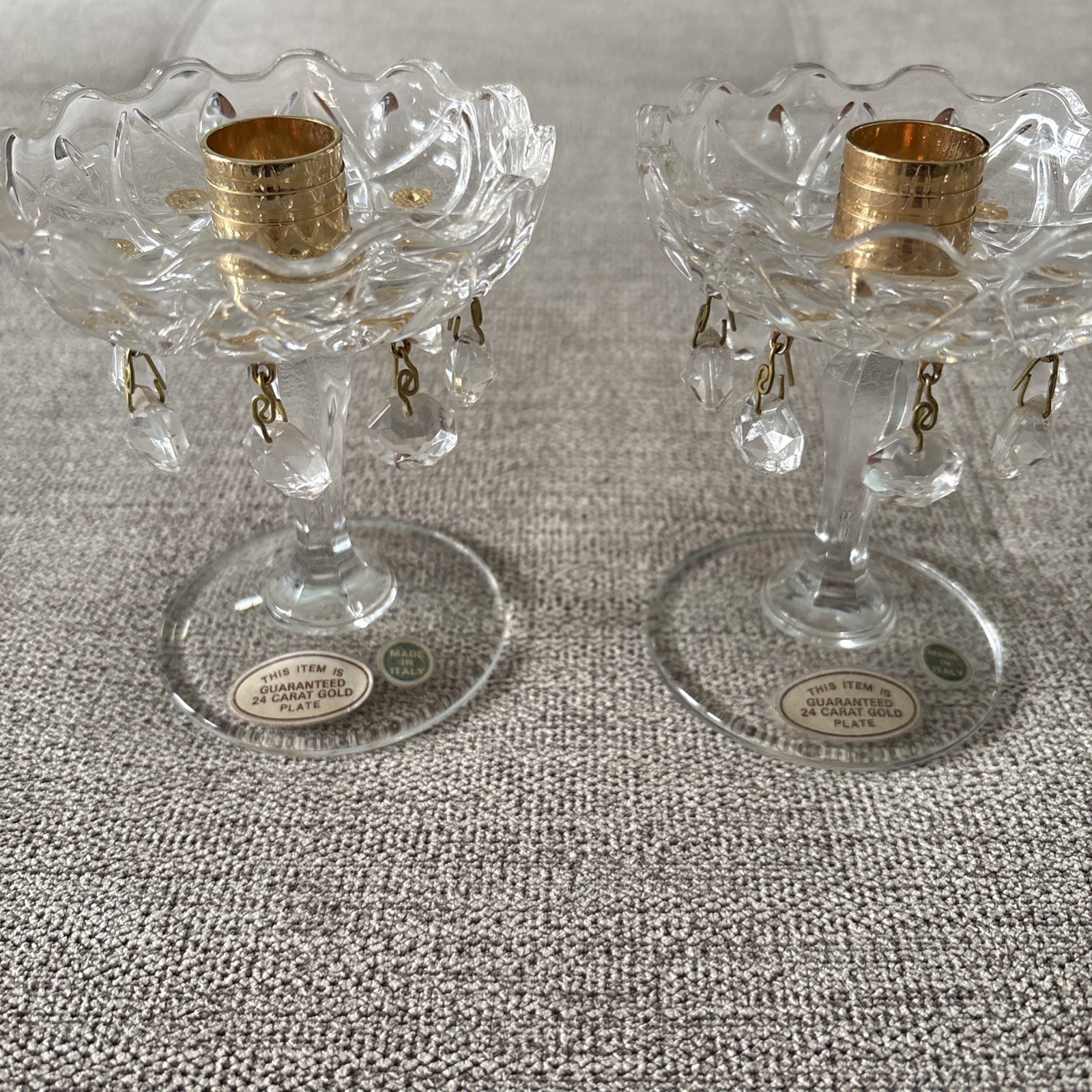 Set Of 2 Vtg Italian Crystal Chandelier Candlesticks  24kt Gold Plate.  4