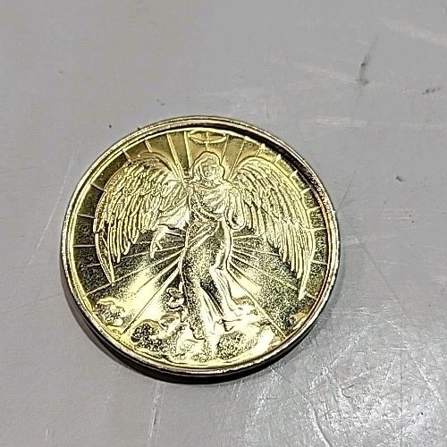 Vintage Gold Toned French Guardian Angel Medal Double Sided Religious Coin