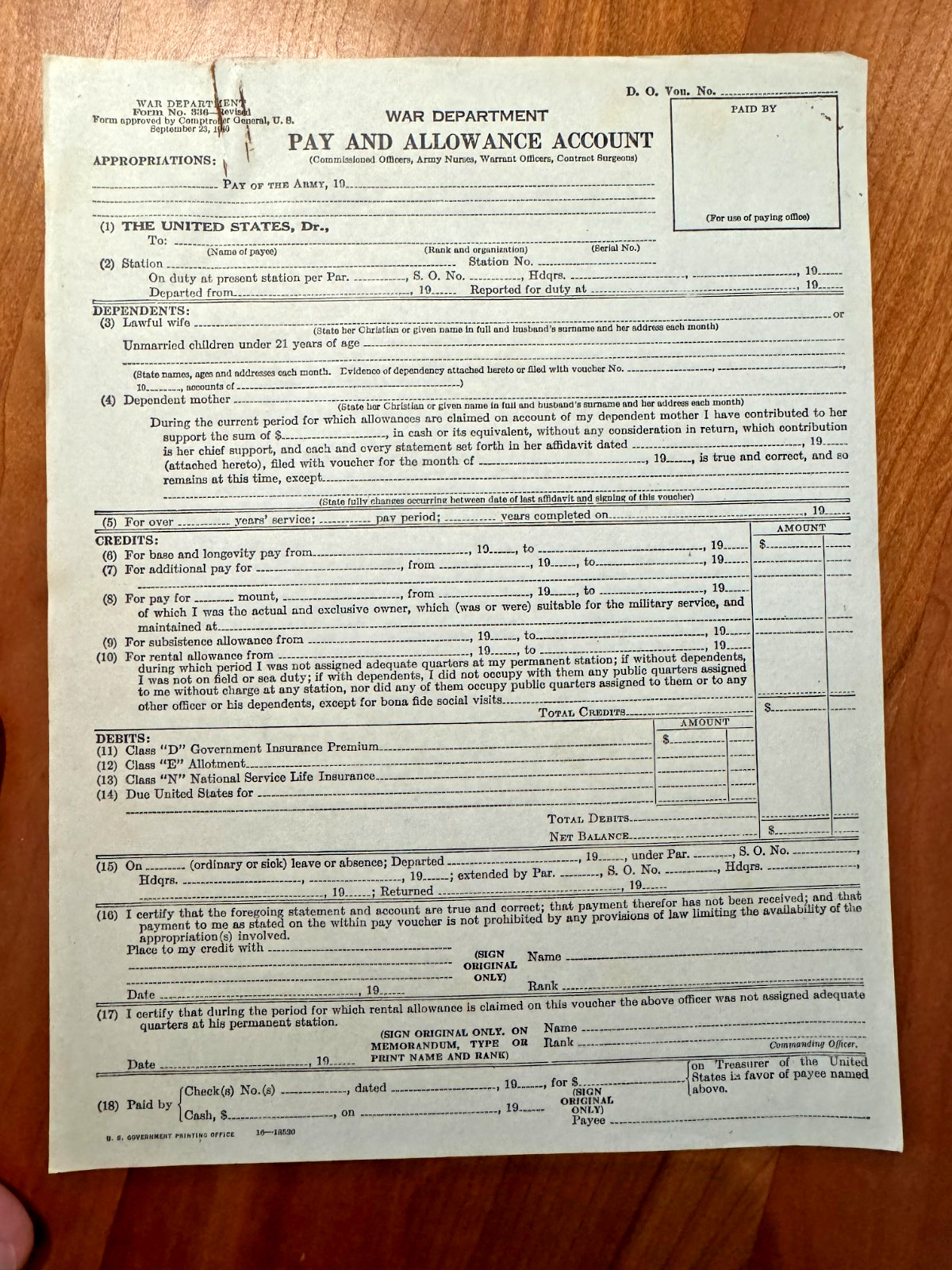 FREE SHIP 1940 WWII War Department Pay and Allowance Account Form Blank Beige
