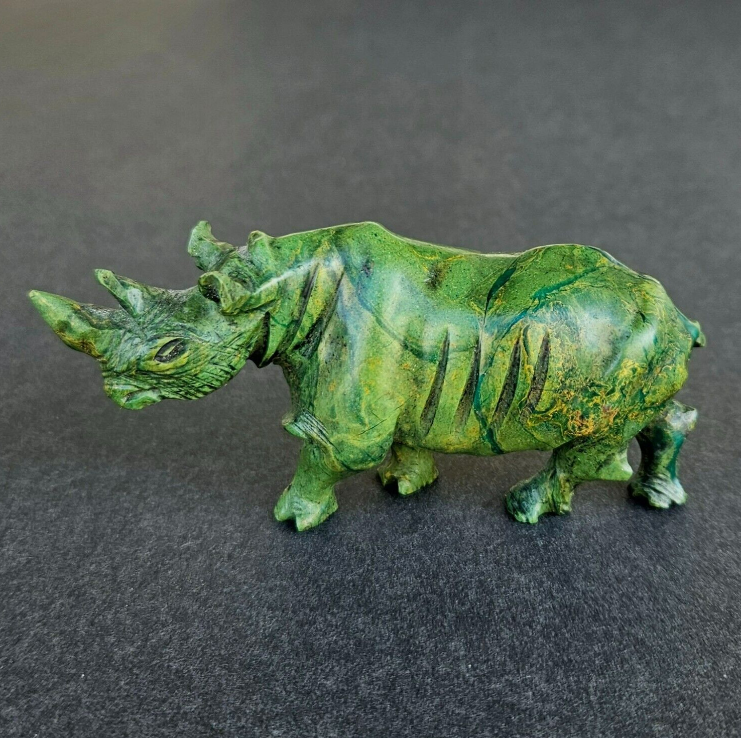 Vintage Verdite Serpentine Carved Green Gemstone Rhinoceros Figurine