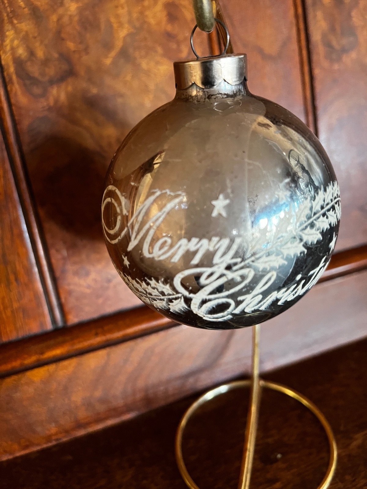 VTG SHINY BRITE Stenciled Merry Christmas Handblown Mercury Glass Orn 2.75\