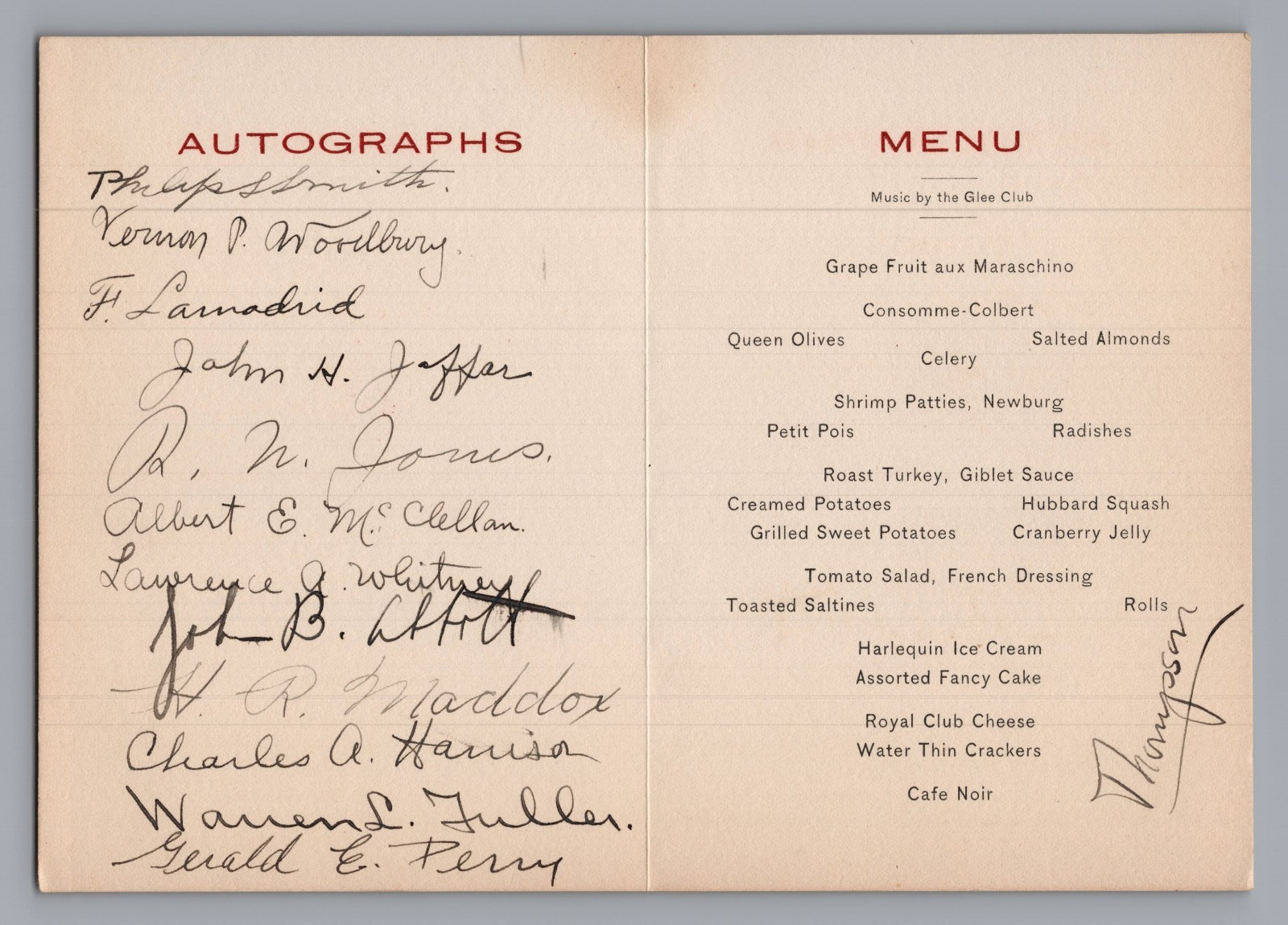 1911 Worcester Academy Menu Autographs 1912 Olympian Lawrence Whitney Medallist