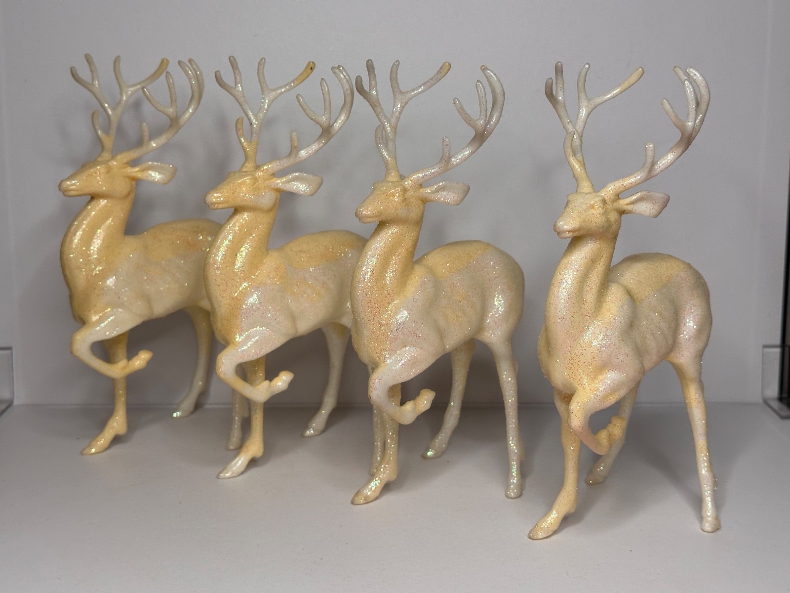 4 Vintage Celluloid Plastic Cream Glittered MCM Winter Decor Reindeer Figures