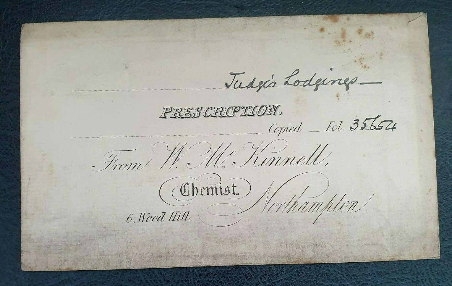Antique Prescription Envelope. W.M.Kinnell Chemist 6 Wood Hill Northampton
