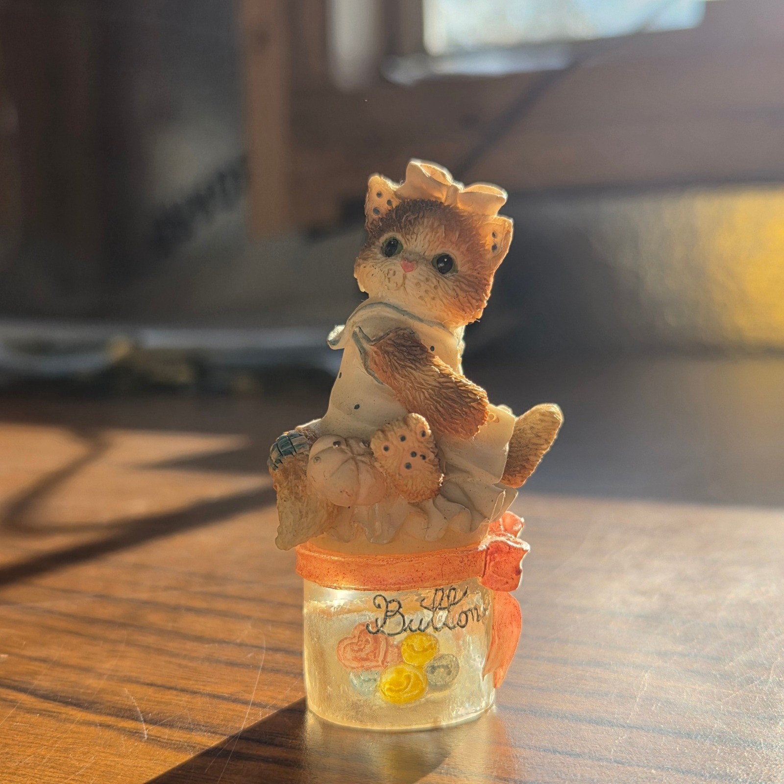 Vintage 1994 Enesco Calico Kittens Priscilla Hillman Button Jar Thimble Figurine