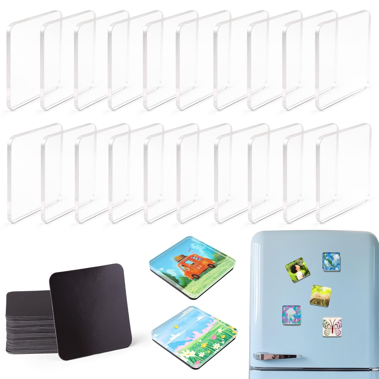 RAINBOW WSK 20 Pcs DIY Fridge Magnet Kit - Square Clear Acrylic Magnetic Set ...