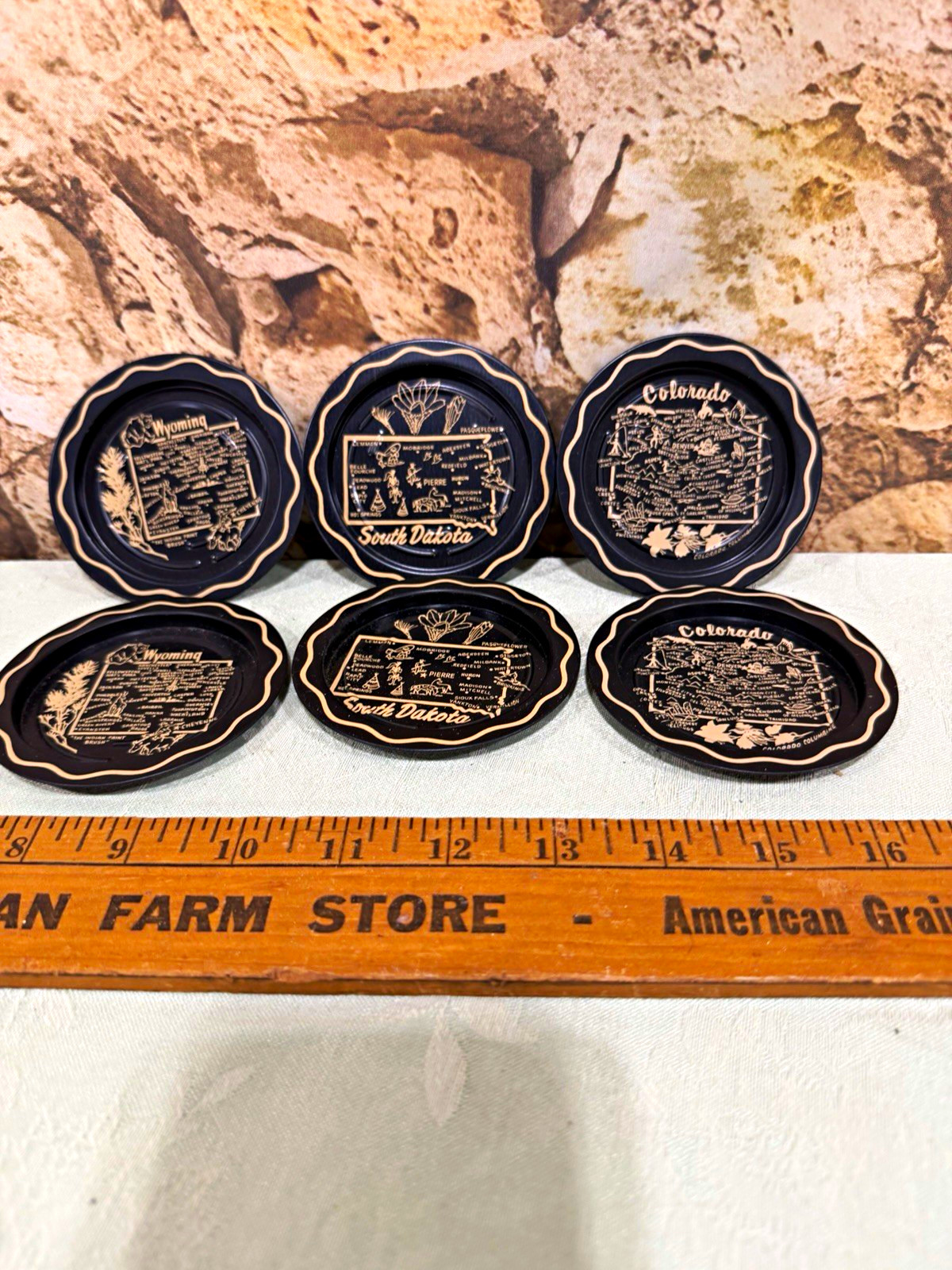 12 Vintage Souvenir Metal Mini Trays Coasters WY SD CO Black Gold State Maps
