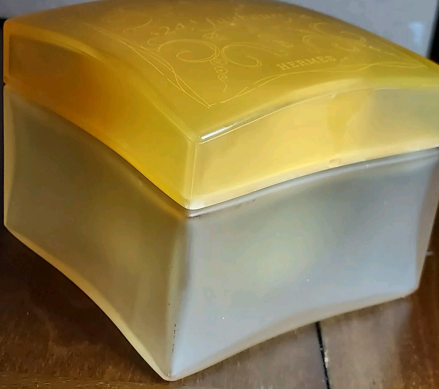 Hermés Paris 24 Faubourg Bottle/Box, Gold Satin Glass w/Lucite Lid - Vtg EMPTY