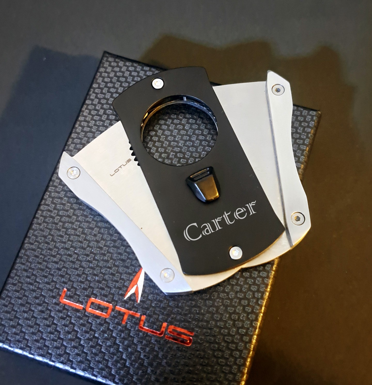 Lotus Deception Serrated Cigar Cutter | Black & Chrome | Custom Engraved | New