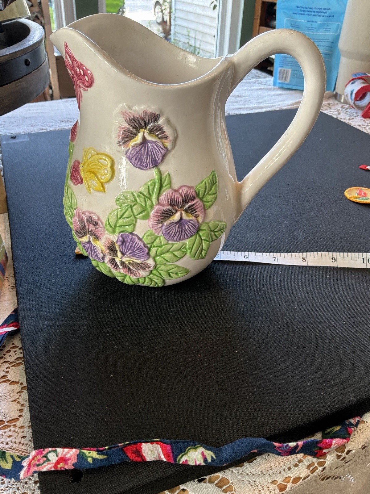 Vintage 1990s Wangs International Pansy Floral Relief Pitcher Vase Cottagecore