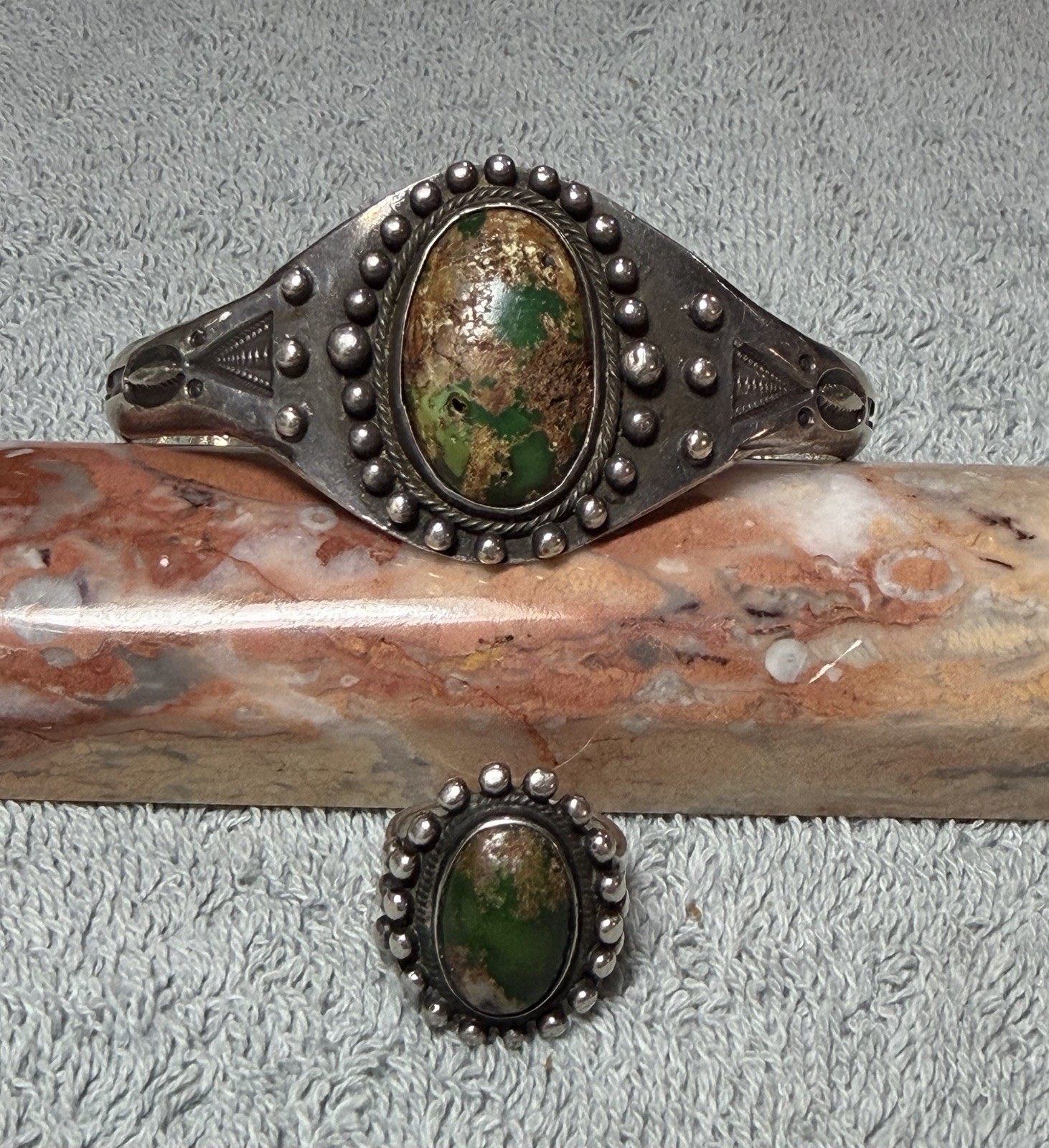 Vintage Navajo Sterling Sand Cast Bracelet & Ring Set With Rare Green Turquoise