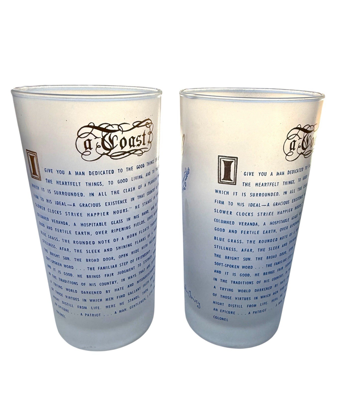 Vintage Howdy Colonel Howard Chandler Frosted Collins Bar Glass A TOAST Set Of 2