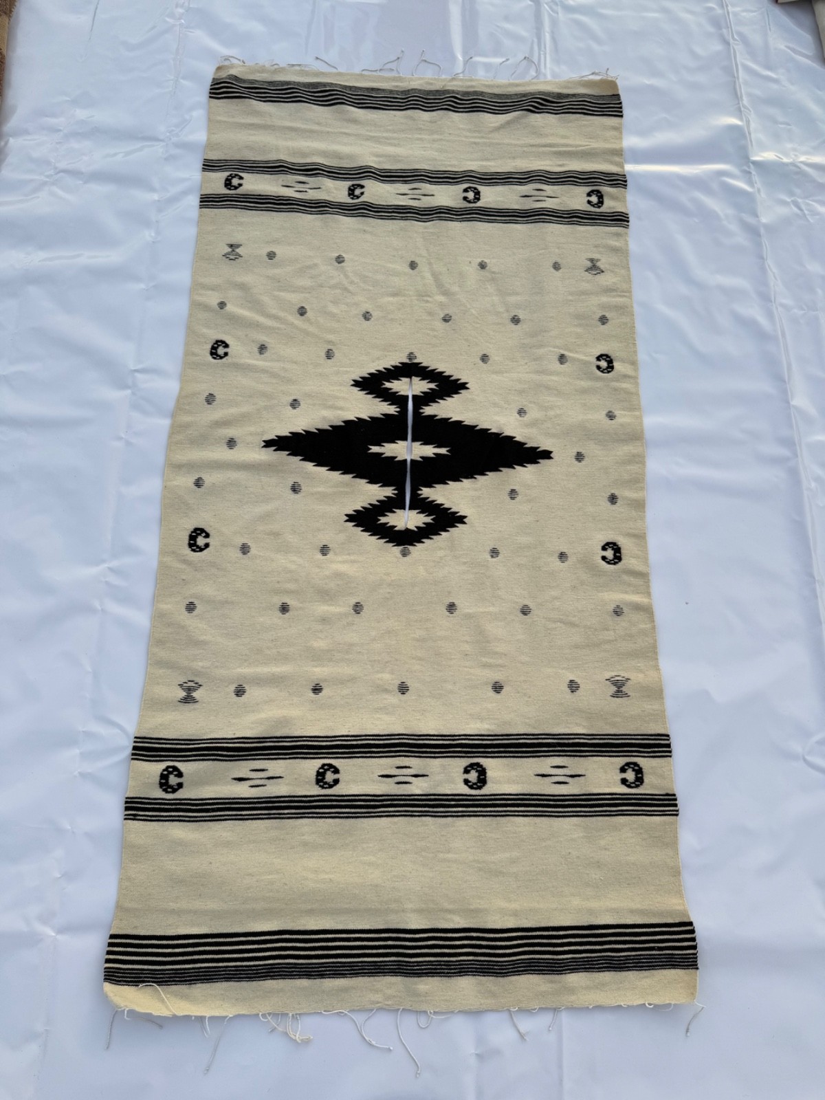 Vintage Hand Woven Mexican Wool Weaving Poncho Rug 199x96 Cm
