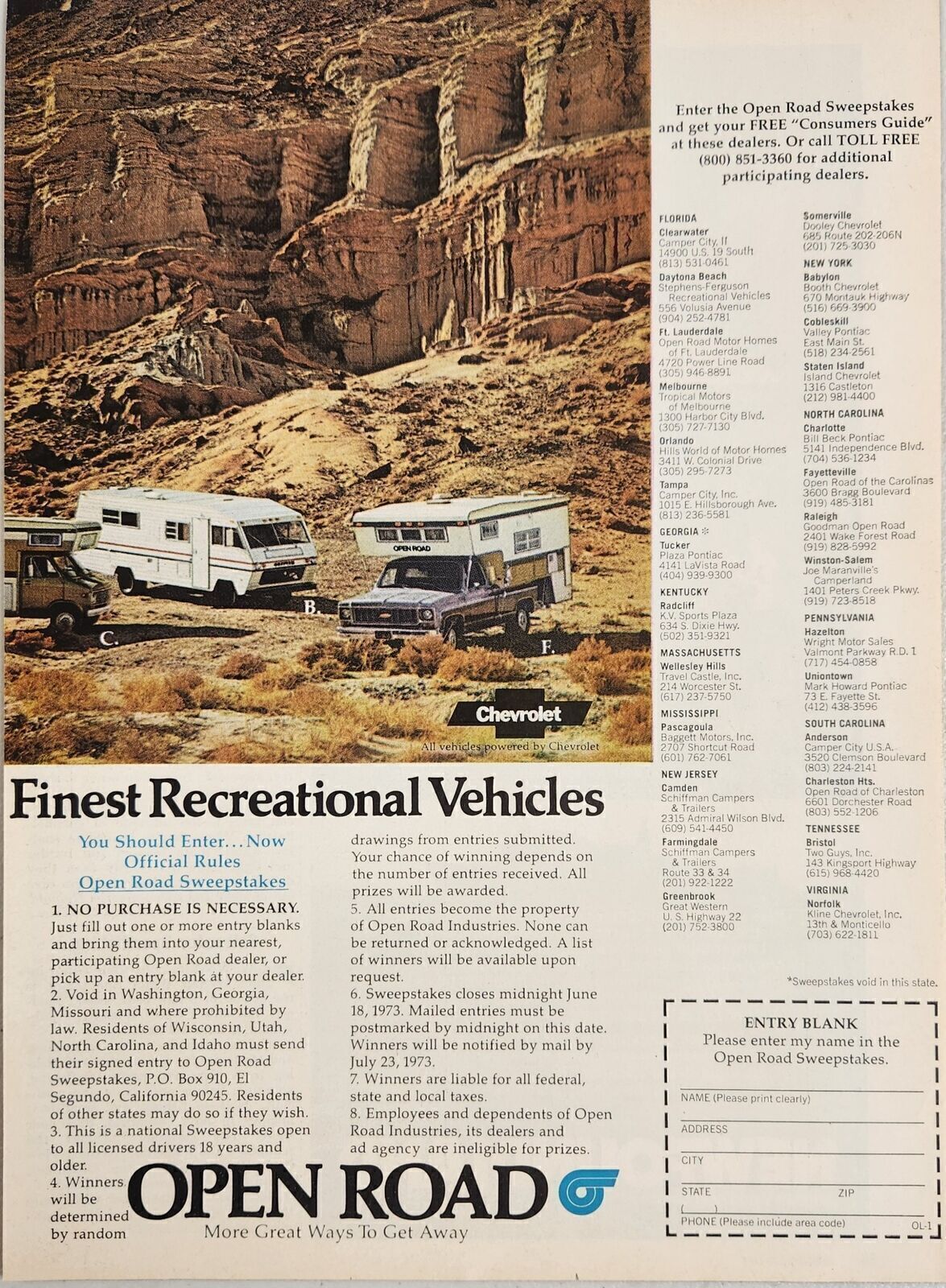1973 Print Ad Chevrolet Recreational Vehicles Motorhome & Pickup with Camper 