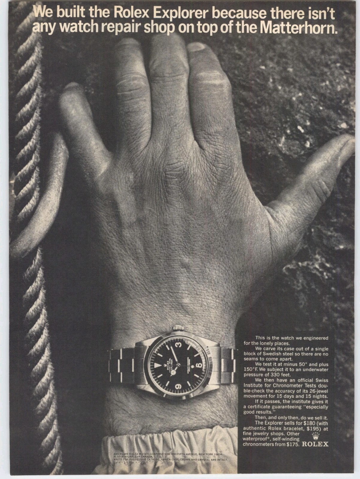 1966 Rolex Explorer Watch Top of Matterhorn Vintage Photo Original Print Ad RARE