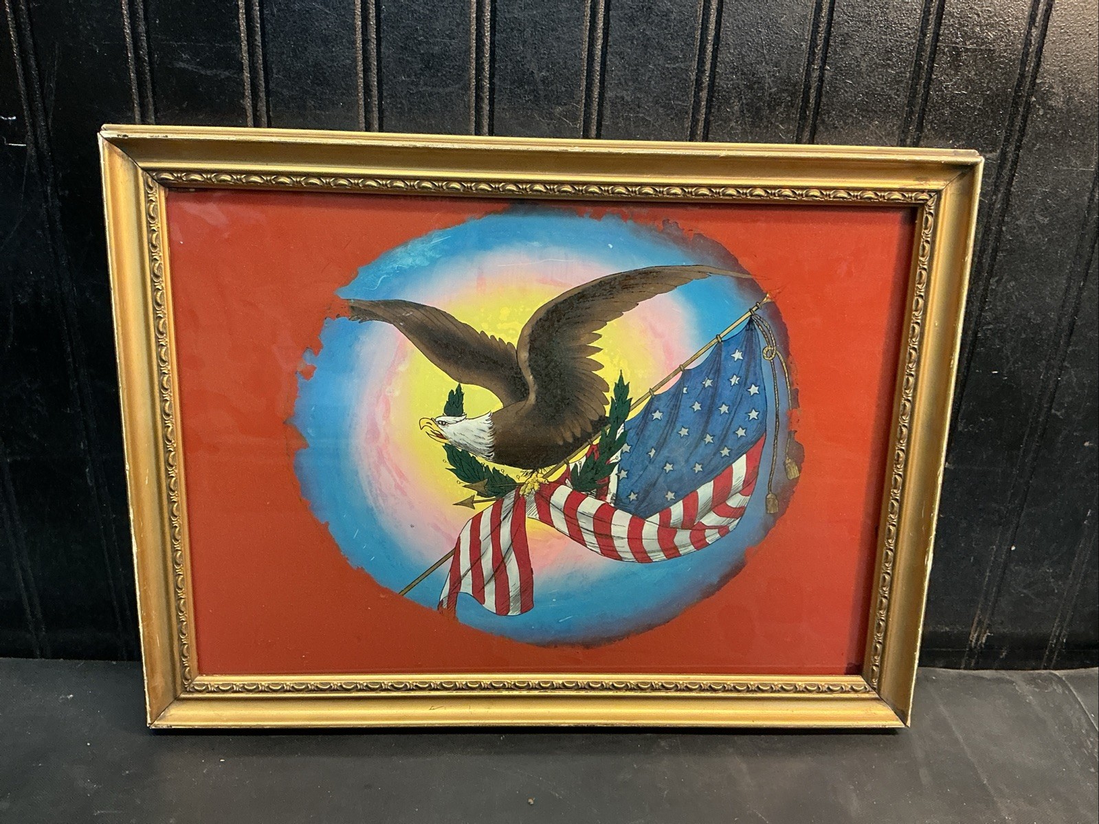 Early American  Bald Eagle US Flag Patriotic Reverse Painting In Frame 16x12