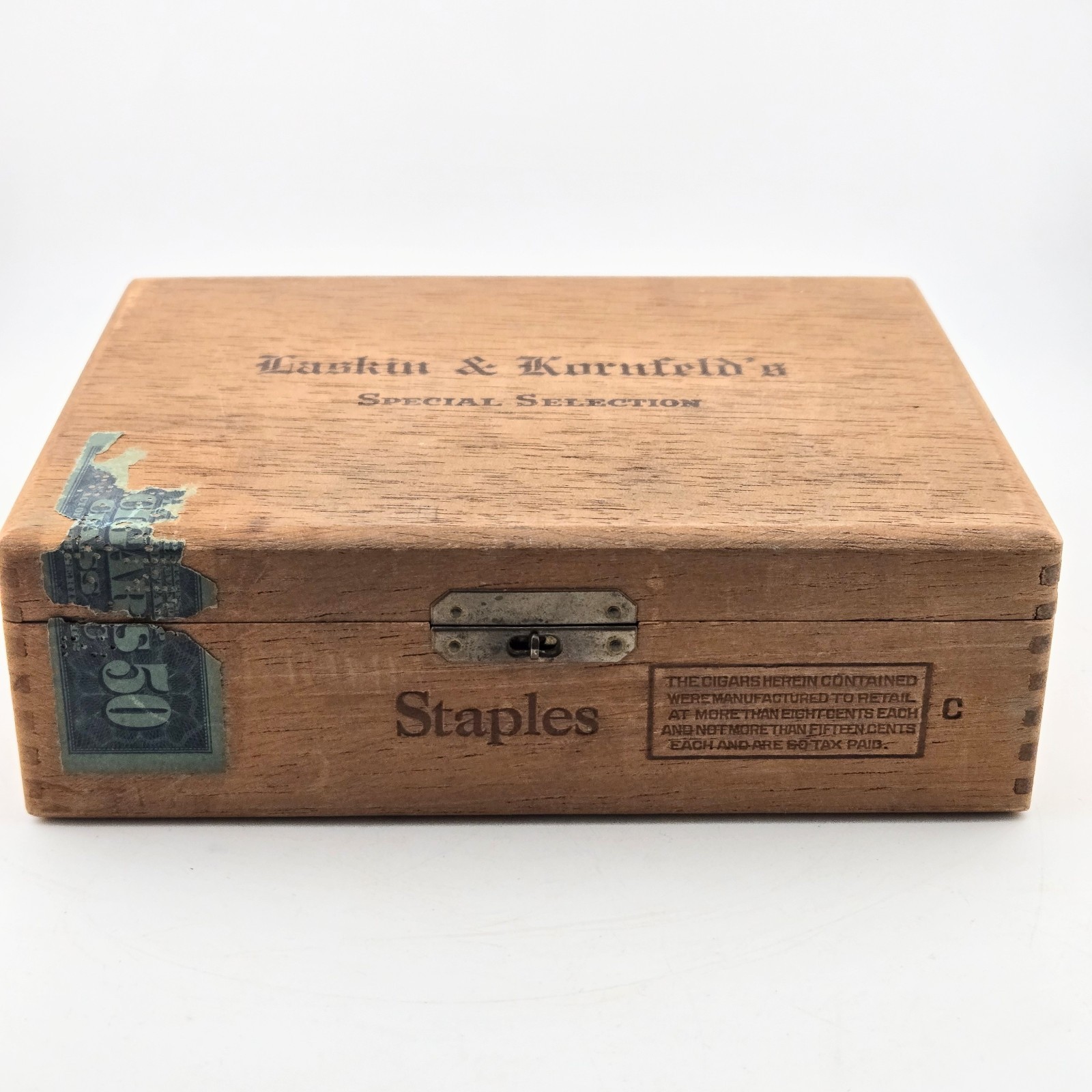 Laskin & Kornfeld Staples Vintage Wood Cigar Box Boite Nature NY Tax Stamp 50