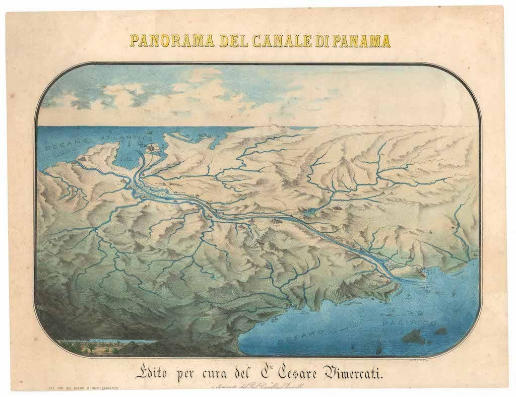 c. 1880 Pictorial View 'Panorama del Canale di Panama' French Panama Canal Plan