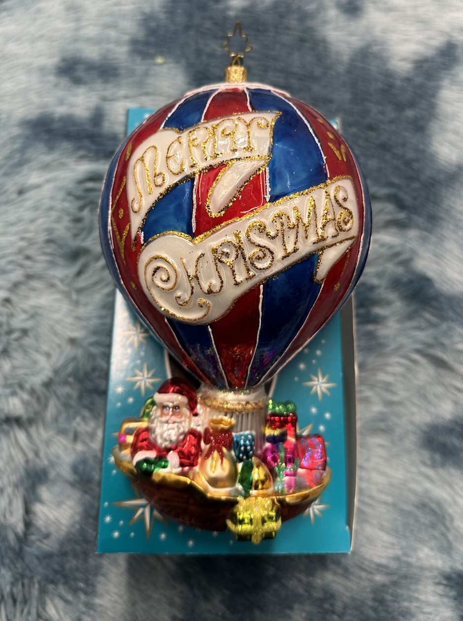 Vintage Christopher Radko Merry Christmas Hot Air Balloon Santa Glass Ornament