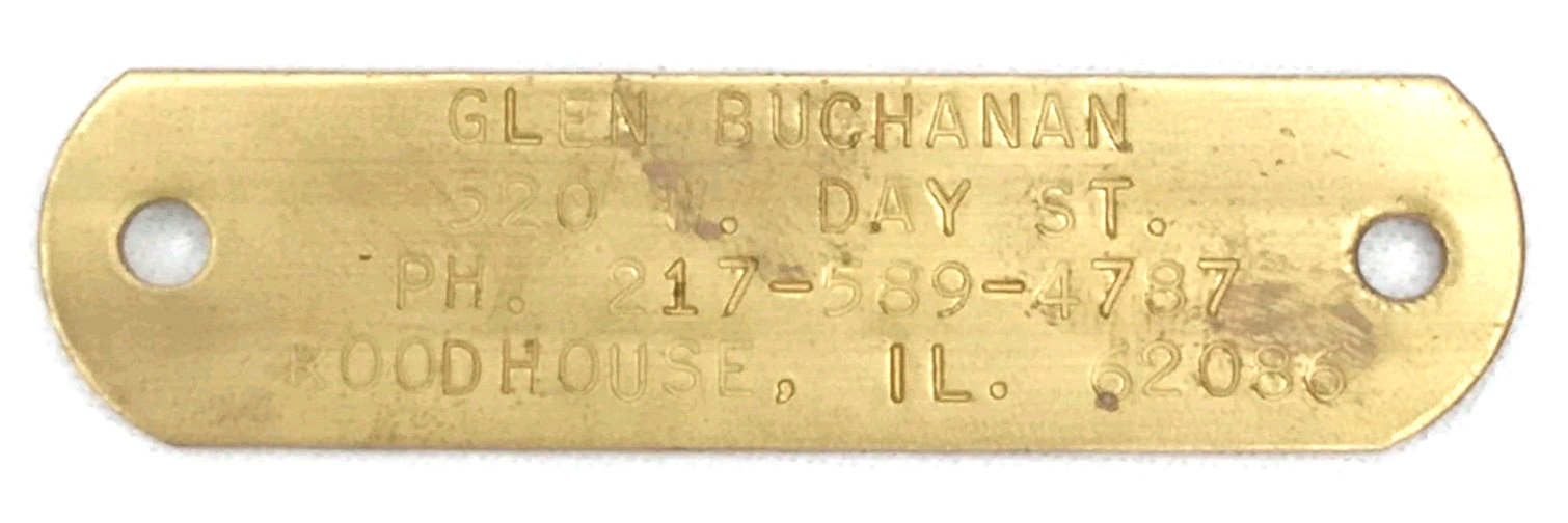 Vintage 1960s Brass Dog Tag Glen Buchanan Roodhouse Illinois
