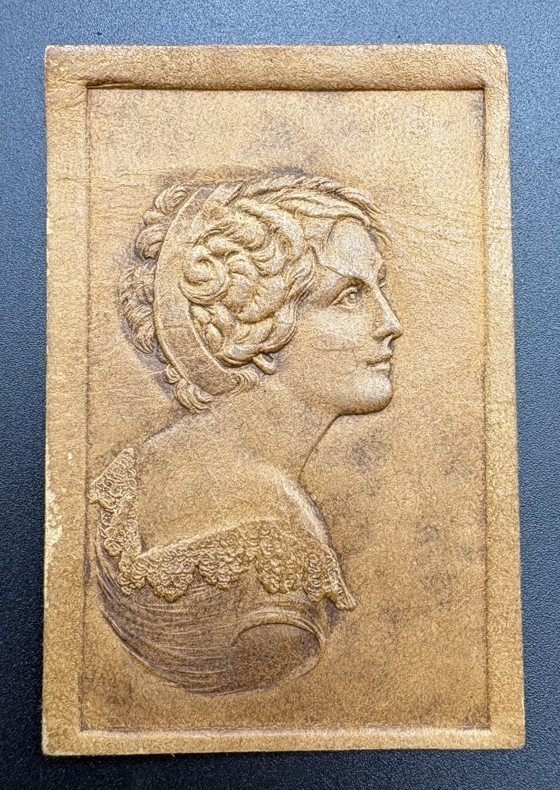 c1910 Victorian Lady Portrait Tobacco Leather Antique Woman Embossed Premium