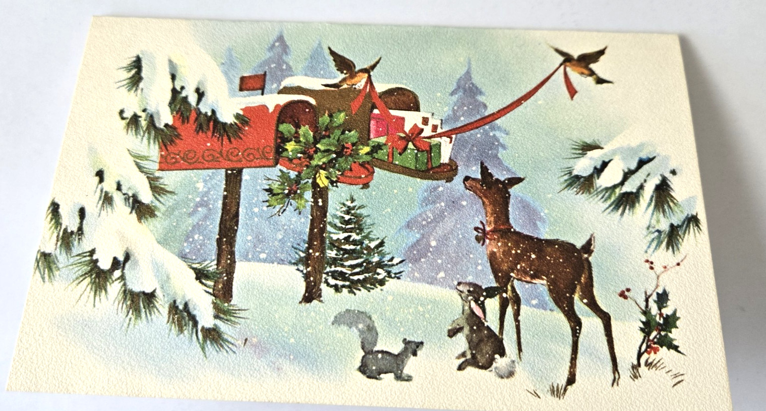 Vintage Christmas Card Deer Birds Squirrel Rabbit Mailboxes Gifts Winter Scene