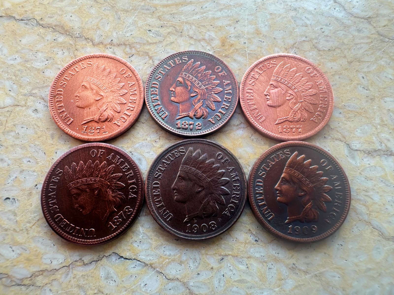Lot of 6 1871 1872 1877 1878 1908 1909S Indian Head Small Cent