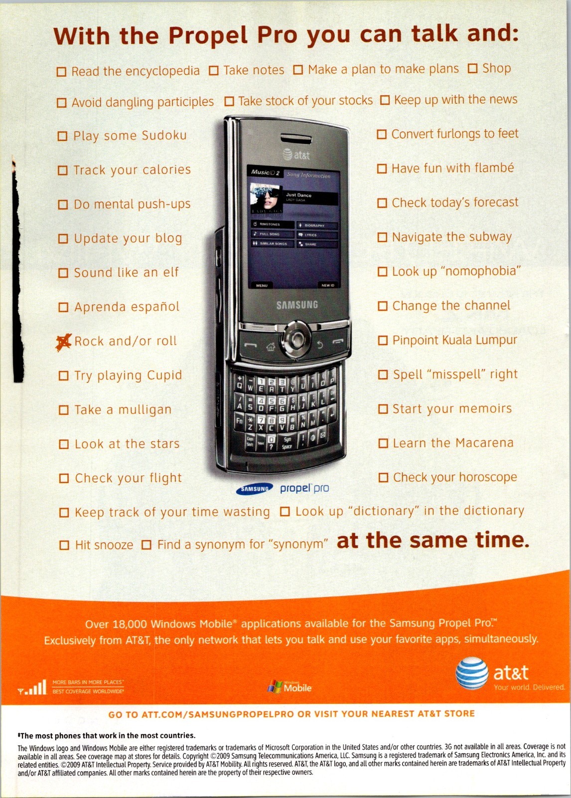 2009 • Samsung slide phone Propel Pro Cell phone print ad • 2000s Mens EA.25